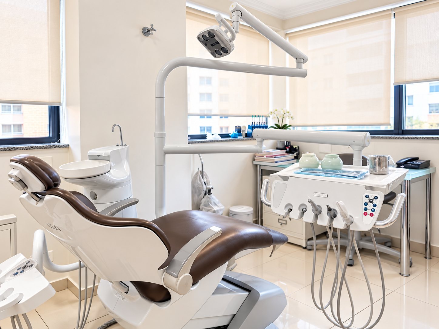 Consultório da Odontologia Esper com cadeira odontológica, luz natural e persianas claras