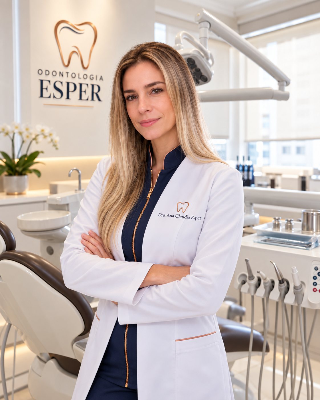 Dra. Ana Claudia Esper de jaleco branco no consultório